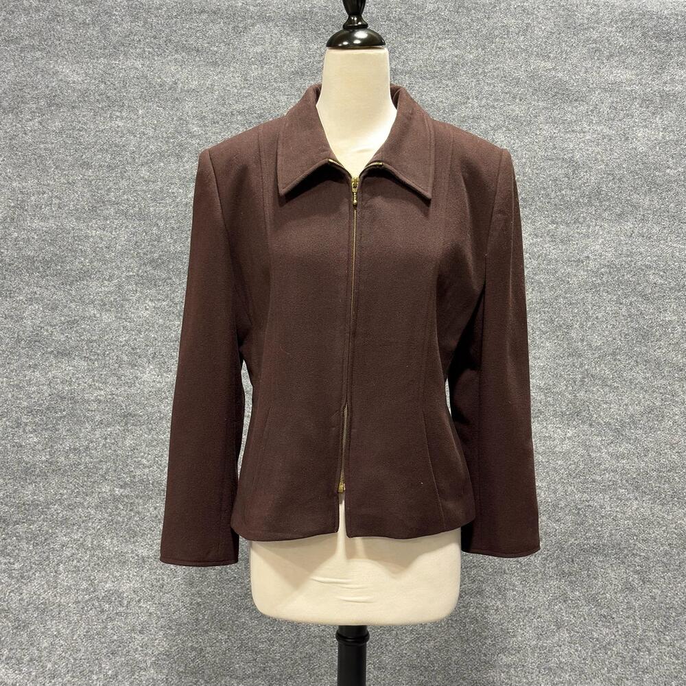 Geoffrey Beene Jacket Womens 14 Brown Cashmere Blend Zip Front Lined Classic